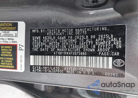 2015 Toyota Camry Xle из США, поврежденный, VIN 4T1BF1FK4FU975880